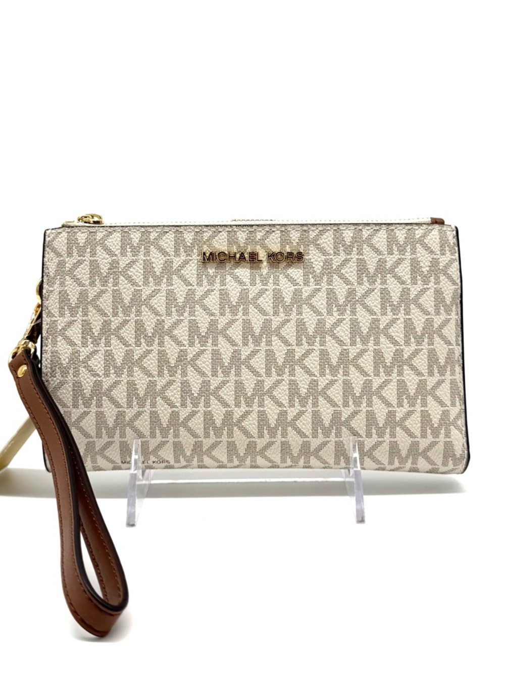 Michael Kors Large Double Zip Wallet Wristlet Vanilla/Brown